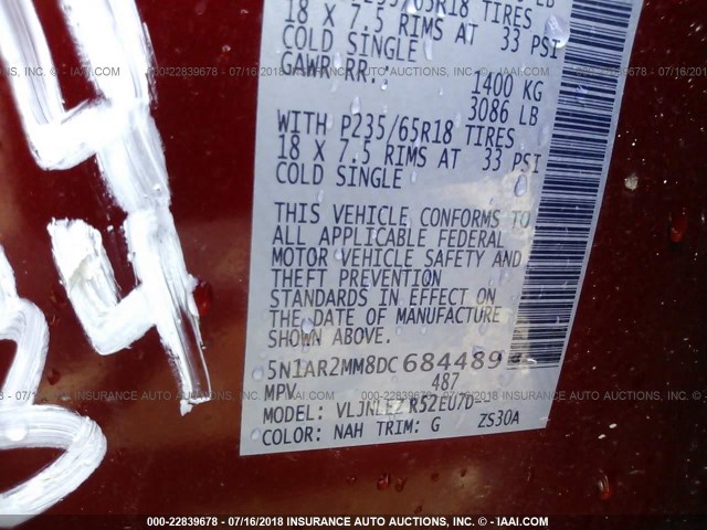 5N1AR2MM8DC684489 - 2013 NISSAN PATHFINDER S/SV/SL/PLATINUM RED photo 9