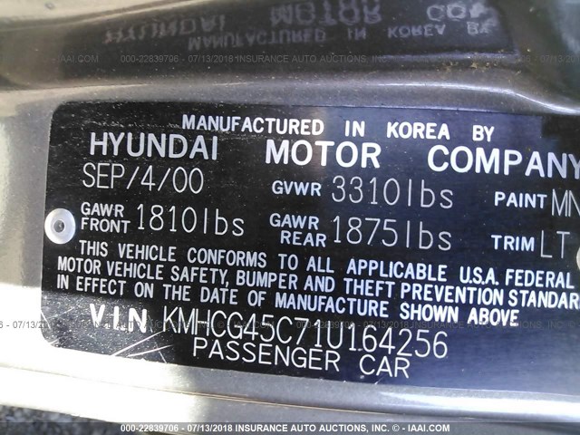 KMHCG45C71U164256 - 2001 HYUNDAI ACCENT GL GRAY photo 9