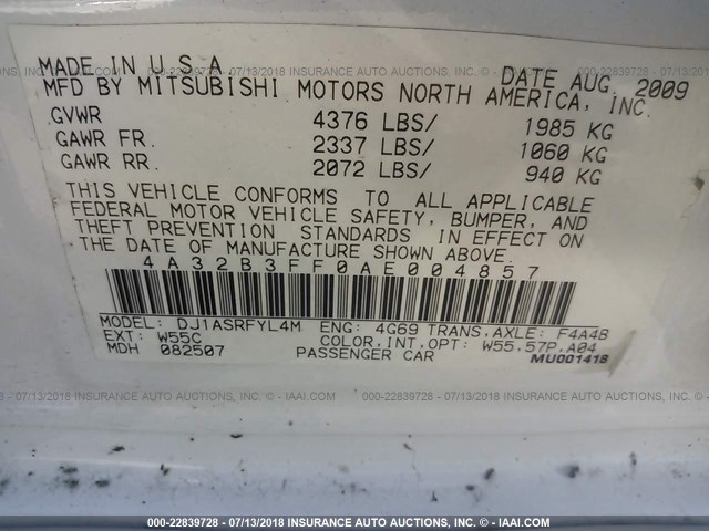 4A32B3FF0AE004857 - 2010 MITSUBISHI GALANT ES/SE WHITE photo 9