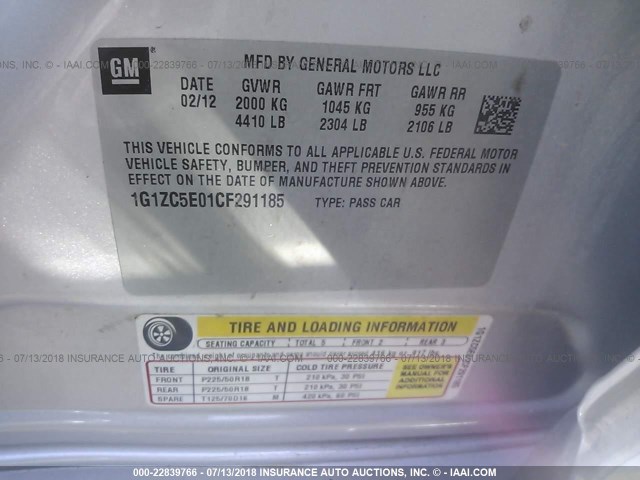 1G1ZC5E01CF291185 - 2012 CHEVROLET MALIBU 1LT SILVER photo 9