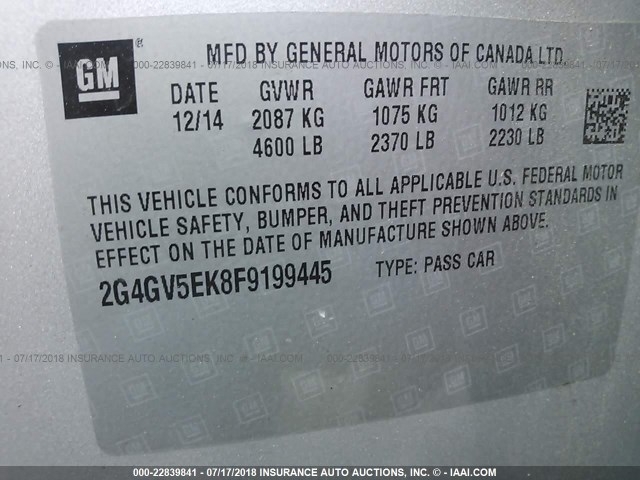 2G4GV5EK8F9199445 - 2015 BUICK REGAL SILVER photo 9