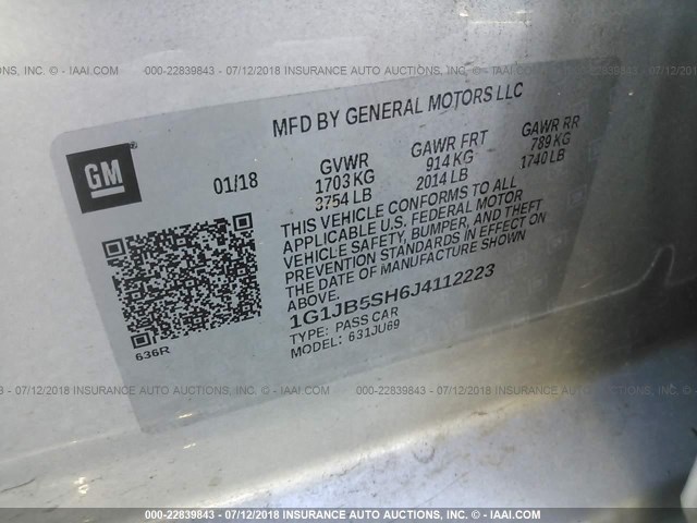 1G1JB5SH6J4112223 - 2018 CHEVROLET SONIC LS 银色 照片 9