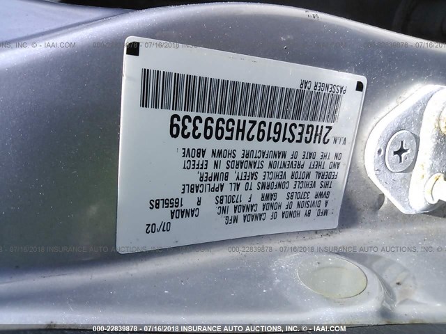 2HGES16192H599339 - 2002 HONDA CIVIC DX SILVER photo 9