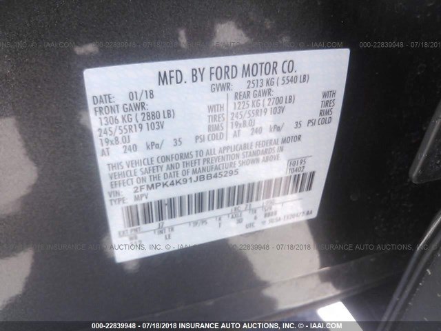 2FMPK4K91JBB45295 - 2018 FORD EDGE TITANIUM GRAY photo 9