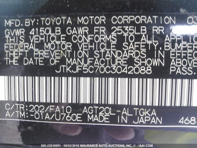 JTKJF5C70C3042088 - 2012 TOYOTA SCION TC 黑色 照片 9