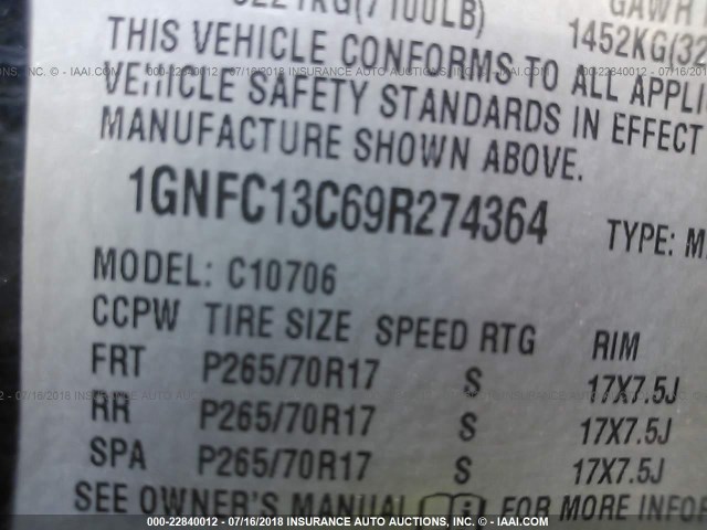 1GNFC13C69R274364 - 2009 CHEVROLET TAHOE C1500  LS BLUE photo 10