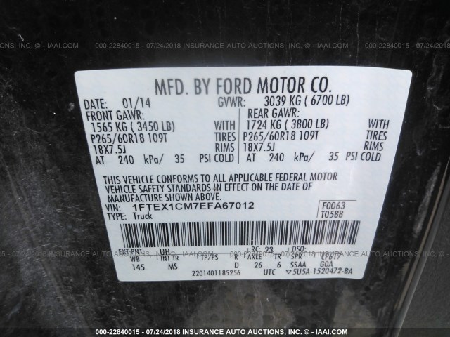 1FTEX1CM7EFA67012 - 2014 FORD F150 SUPER CAB BLACK photo 9