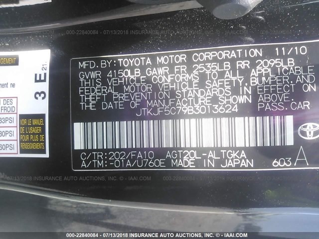 JTKJF5C79B3013624 - 2011 TOYOTA SCION TC 黑色 照片 9