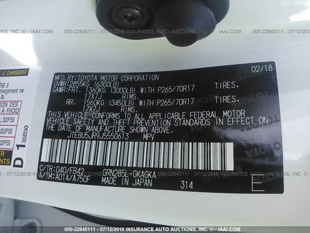 JTEBU5JR9J5550613 - 2018 TOYOTA 4RUNNER SR5 PREM/LTDL/TRAIL/TRD WHITE photo 9