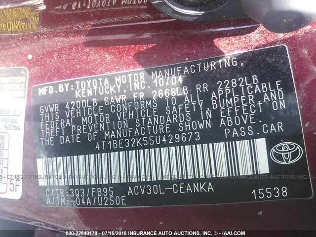 4T1BE32K55U429673 - 2005 TOYOTA CAMRY LE/XLE/SE Qırmızı foto 9