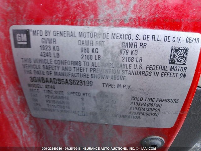 3GNBAADB5AS623199 - 2010 CHEVROLET HHR LS Rojo foto 9