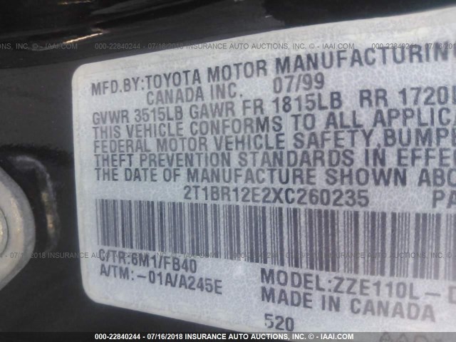 2T1BR12E2XC260235 - 1999 TOYOTA COROLLA VE/CE/LE 绿色 照片 9