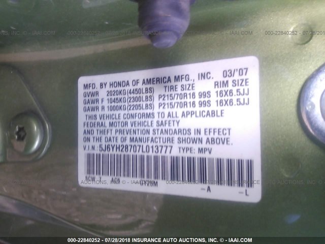 5J6YH28707L013777 - 2007 HONDA ELEMENT EX GREEN photo 9