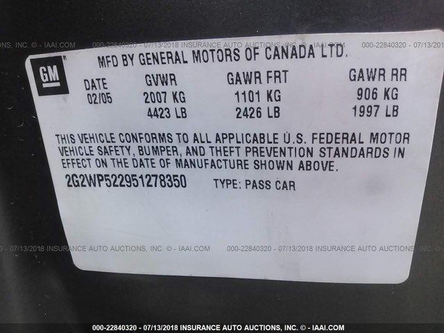 2G2WP522951278350 - 2005 PONTIAC GRAND PRIX GRAY photo 9
