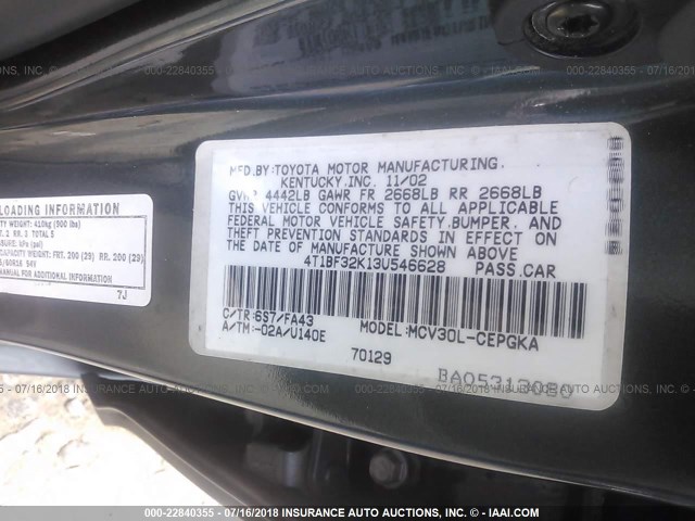 4T1BF32K13U546628 - 2003 TOYOTA CAMRY LE/XLE/SE Boz foto 9