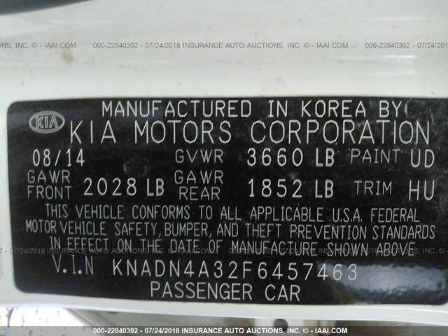 KNADN4A32F6457463 - 2015 KIA RIO EX/SX WHITE photo 9