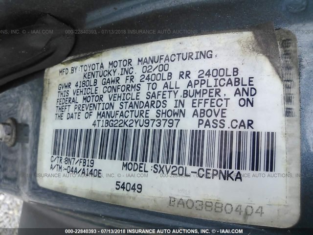 4T1BG22K2YU973797 - 2000 TOYOTA CAMRY CE/LE/XLE BLUE photo 9