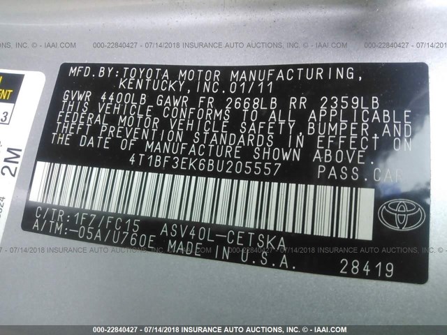 4T1BF3EK6BU205557 - 2011 TOYOTA CAMRY SE/LE/XLE ვერცხლისფერი ფოტო 9