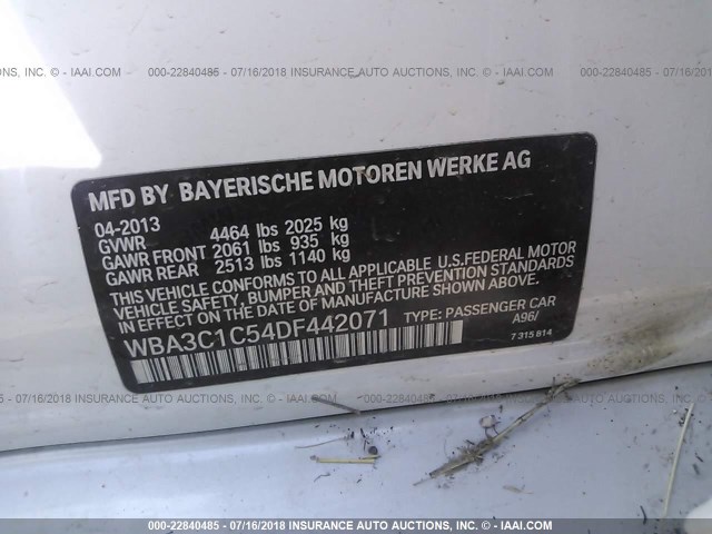 WBA3C1C54DF442071 - 2013 BMW 328 I SULEV WHITE photo 9