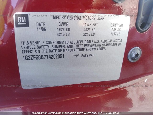 1G2ZF58B774202351 - 2007 PONTIAC G6 VALUE LEADER/BASE RED photo 9