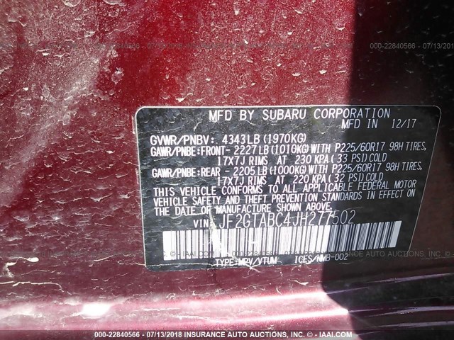 JF2GTABC4JH277502 - 2018 SUBARU CROSSTREK PREMIUM Tünd qırmızı foto 9