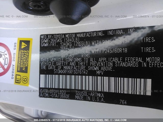 5TDKKRFHXFS076142 - 2015 TOYOTA HIGHLANDER XLE თეთრი ფოტო 9