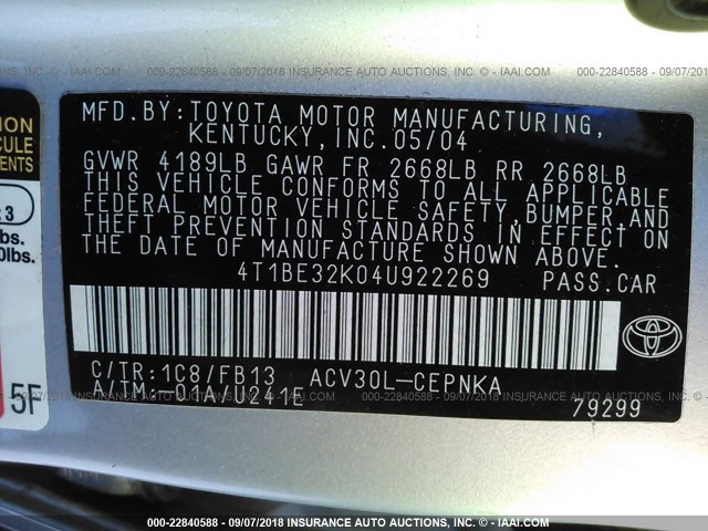 4T1BE32K04U922269 - 2004 TOYOTA CAMRY LE/XLE/SE 银色 照片 9