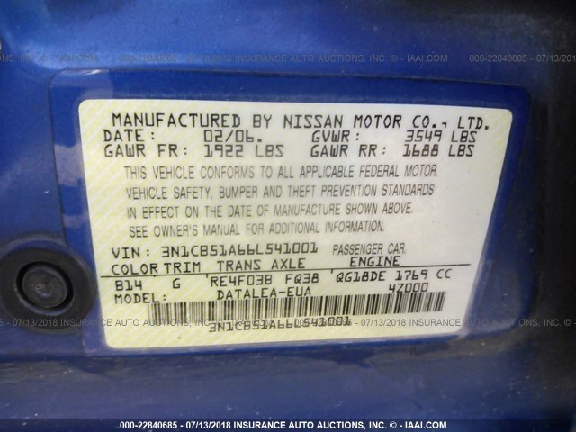 3N1CB51A66L541001 - 2006 NISSAN SENTRA 1.8S BLUE photo 9