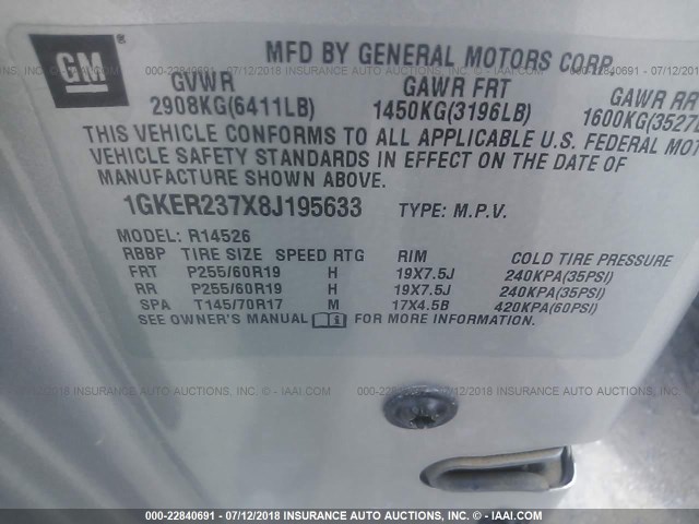 1GKER237X8J195633 - 2008 GMC ACADIA SLT-1 SILVER photo 9