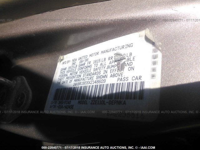 1NXBR18E8XZ148609 - 1999 TOYOTA COROLLA VE/CE/LE GOLD photo 9