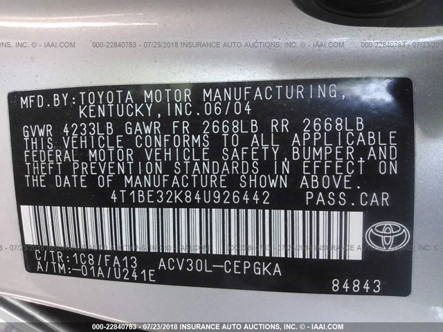 4T1BE32K84U926442 - 2004 TOYOTA CAMRY LE/XLE/SE 银色 照片 9