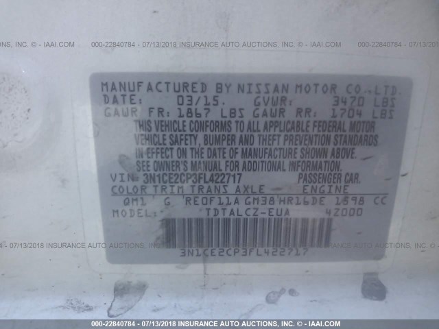 3N1CE2CP3FL422717 - 2015 NISSAN VERSA NOTE S/S PLUS/SV/SL/SR WHITE photo 9