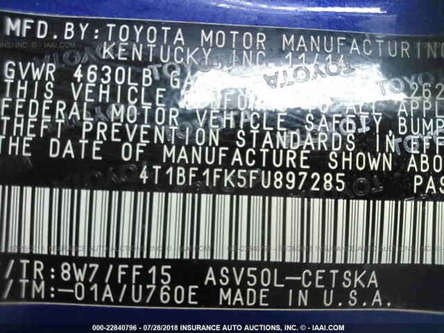 4T1BF1FK5FU897285 - 2015 TOYOTA CAMRY LE/XLE/SE/XSE 蓝色 照片 9