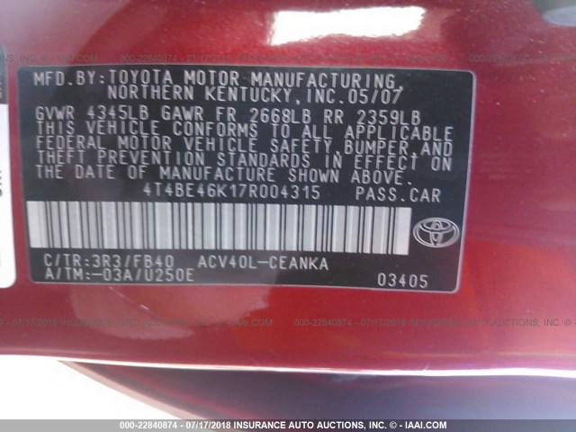 4T4BE46K17R004315 - 2007 TOYOTA CAMRY NEW GENERAT CE/LE/XLE/SE RED photo 9