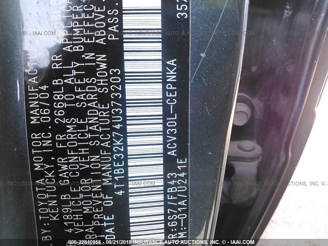 4T1BE32K74U373203 - 2004 TOYOTA CAMRY LE/XLE/SE 绿色 照片 9