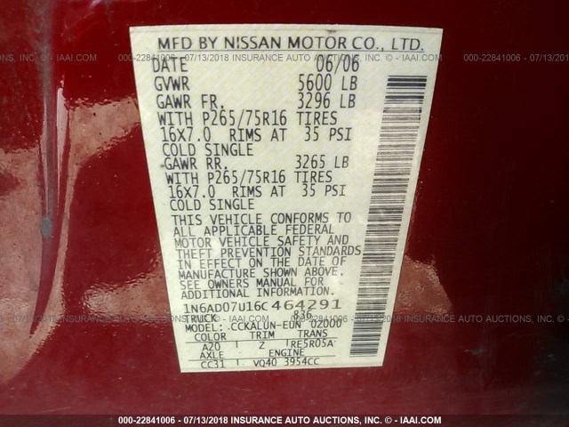 1N6AD07U16C464291 - 2006 NISSAN FRONTIER CREW CAB LE/SE/OFF ROAD RED photo 9