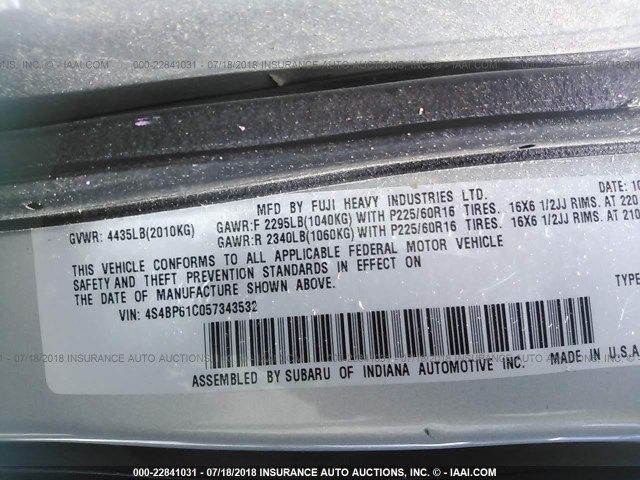 4S4BP61C057343532 - 2005 SUBARU LEGACY OUTBACK 2.5I SILVER photo 9