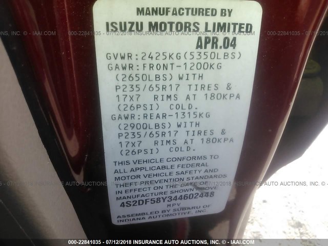 4S2DF58Y344602448 - 2004 ISUZU AXIOM XS RED photo 9