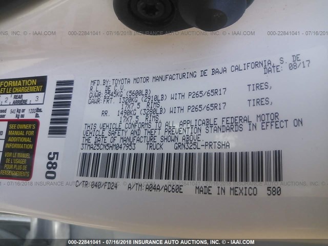 3TMAZ5CN5HM047953 - 2017 TOYOTA TACOMA DBL CAB/SR5/TRD SPORT/OR WHITE photo 9