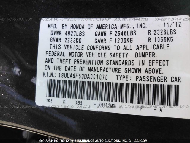 19UUA9F53DA001070 - 2013 ACURA TL TECH BLACK photo 9