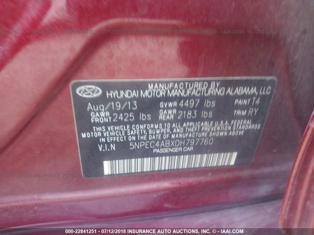 5NPEC4ABXDH797760 - 2013 HYUNDAI SONATA SE/LIMITED RED photo 9