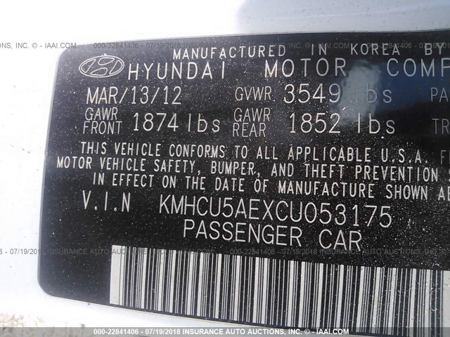 KMHCU5AEXCU053175 - 2012 HYUNDAI ACCENT GLS/GS/SE WHITE photo 9