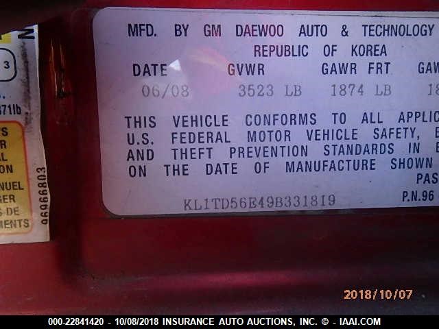 KL1TD56E49B331819 - 2009 CHEVROLET AVEO LS/LT RED photo 9