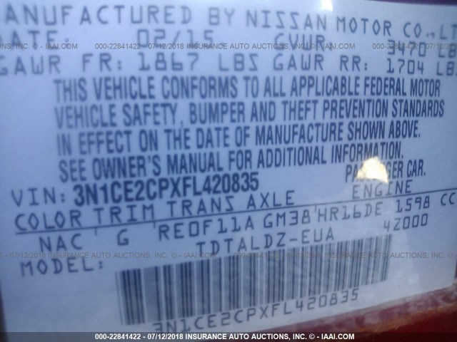 3N1CE2CPXFL420835 - 2015 NISSAN VERSA NOTE S/S PLUS/SV/SL/SR RED photo 9