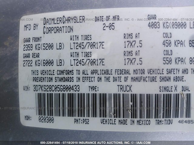 3D7KS28C05G800433 - 2005 DODGE RAM 2500 ST/SLT 银色 照片 9
