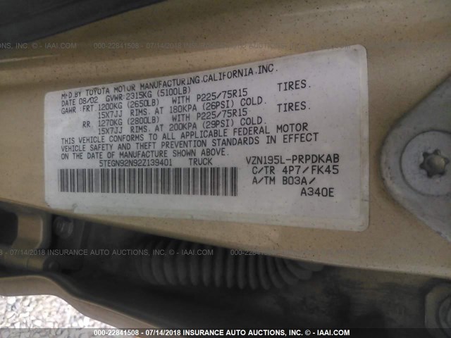 5TEGN92N92Z139401 - 2002 TOYOTA TACOMA DOUBLE CAB PRERUNNER TAN photo 9