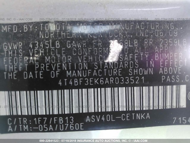 4T4BF3EK6AR033521 - 2010 TOYOTA CAMRY SE/LE/XLE ვერცხლისფერი ფოტო 9