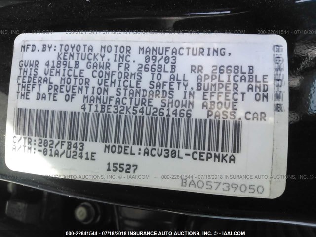 4T1BE32K54U261466 - 2004 TOYOTA CAMRY LE/XLE/SE 黑色 照片 9