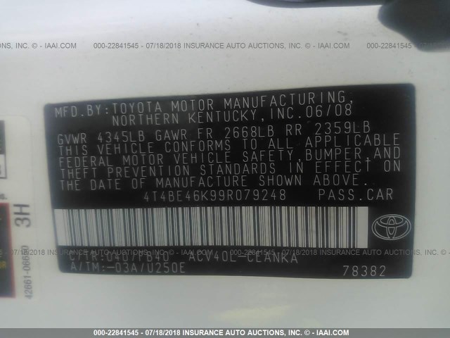 4T4BE46K99R079248 - 2009 TOYOTA CAMRY SE/LE/XLE WHITE photo 9
