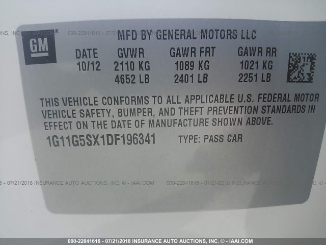 1G11G5SX1DF196341 - 2013 CHEVROLET MALIBU 3LT 白色 照片 9